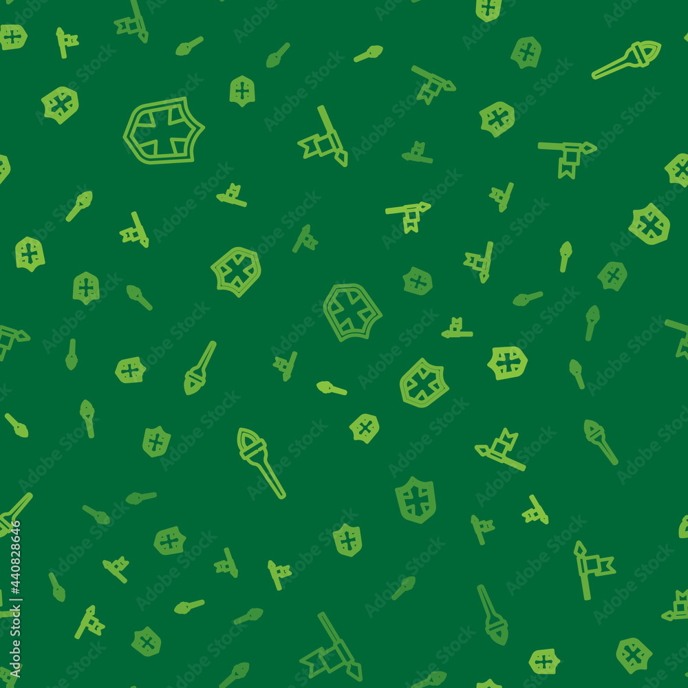 Poster set line shield, torch flame and medieval spear on seamless pattern. vector