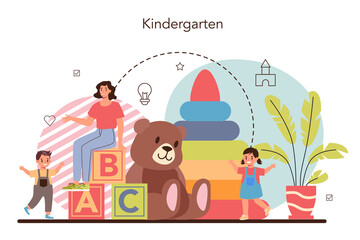 Kindergartener. Professional nany and children doing different activities.