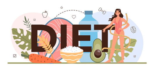 Diet typographic header. Nutrition therapy with healthy food and physical