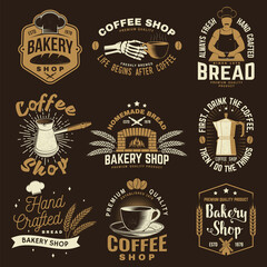 Set of Coffe shop and Bakery shoplogo, badge template. Vector. Design with dough, wheat ears, old oven, coffee cup silhouette. Template for menu for restaurant, cafe, bar, identity