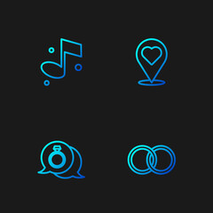 Set line Wedding rings, Diamond engagement, Music note and Location with heart. Gradient color icons. Vector