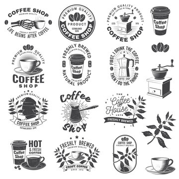 Set of Coffe shop logo, badge template. Vector Typography design with paper coffee cup and branch of coffee tree, skeleton hand silhouette. Template for menu for restaurant, cafe, bar, packaging