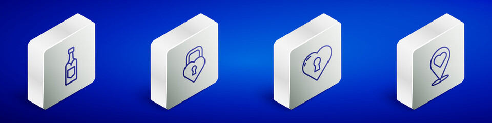 Set Isometric line Champagne bottle, Castle in the shape of heart, Heart with keyhole and Location icon. Vector