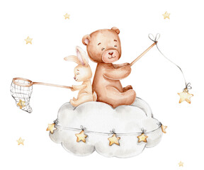 Karikaturhäschen- und -teddybär, der auf der Wolke sitzt  gezeichnete Illustration des Aquarells Hand  mit weißem isoliertem Hintergrund