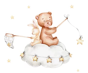 Fotobehang Babykamer Beeldverhaalkonijntje en teddybeerzitting op de wolk  aquarel hand getekende illustratie  met witte geïsoleerde achtergrond