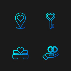 Set line Wedding rings, Bedroom, Location with heart and Key shape. Gradient color icons. Vector