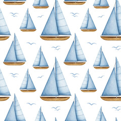 Watercolor Sailboat seamless pattern. Sailing Ship and flying seagulls. Nautical Vessel, Yacht. Sea Life. Romantic Traveling, Cruise, Ship Navigation. Hand drawn maritime background for print, textile