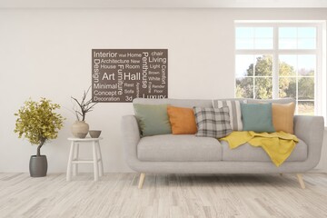 White living room with sofa. Scandinavian interior design. 3D illustration