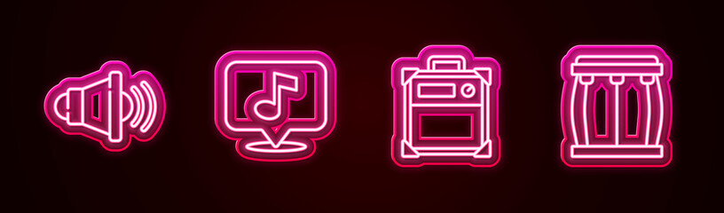 Set line Speaker volume, Musical note, Guitar amplifier and Drum. Glowing neon icon. Vector