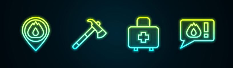 Obraz premium Set line Location with fire flame, Firefighter axe, First aid kit and Telephone call 911. Glowing neon icon. Vector