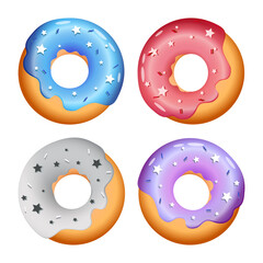 Doughnuts collection with different decor and multicolored glaze isolated in white background. Vector confections for cafe or bakery. Cute violet, red, pink, blue sweet buns.
