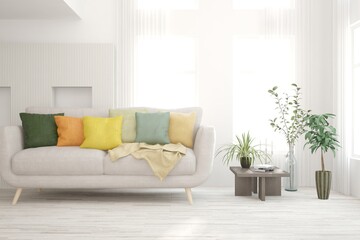 White living room with sofa. Scandinavian interior design. 3D illustration