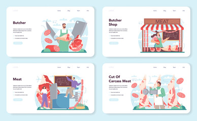 Naklejka premium Butcher or meatman web banner or landing page set. Fresh meat