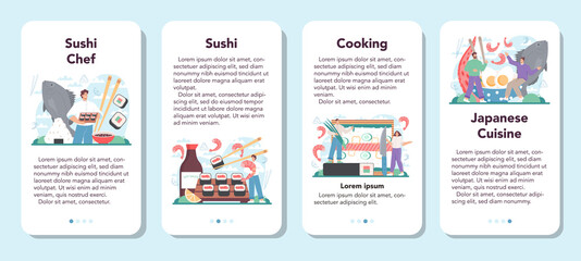 Sushi chef mobile application banner set. Restaurant chef cooking rolls