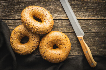 Whole grain baked bagel.