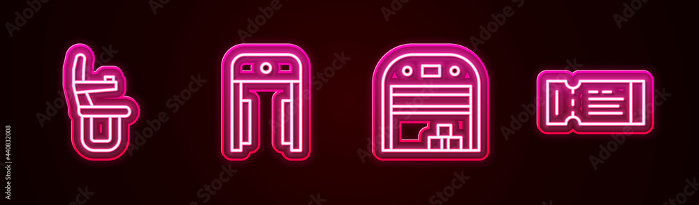 Poster set line airplane seat, metal detector in airport, aircraft hangar and airline ticket. glowing neon 