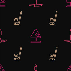 Set line Ice axe, hockey stick and puck and Road sign avalanches on seamless pattern. Vector