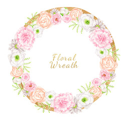 Watercolor floral illustration. Hand drawn round frame with blush and peach flowers and wooden circle isolated on white. Botanical wreath with pastel flower buds for wedding invitation, save the date