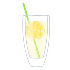 Lemonade. Clear glass with drink, straw for drinking, ice cubes, pieces of lemon. Glass isolated on white. Cold Drinks Advertising for pub, bar, restaurant menu, party decor, beverage template