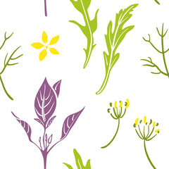 Seamless pattern with basil, arugula, dill. Colorful paper cut culinary herbs isolated on white background. Doodle hand drawn vector illustration