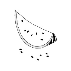 Vector outline illustration of one slice fresh watermelon with black seeds isolated on a white background