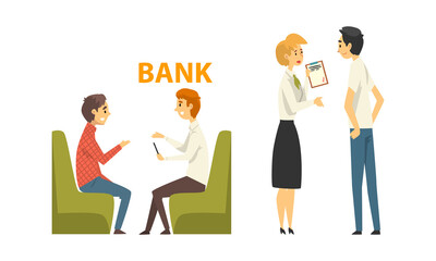 People Characters at Bank Getting Services Talking to Consultant Vector Set