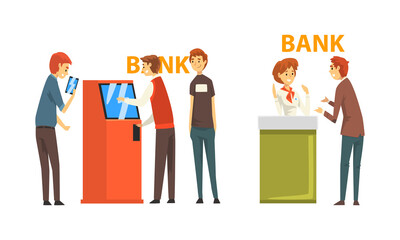 People Characters at Bank Getting Services at Enquiry Counter and Using ATM Machine Vector Set