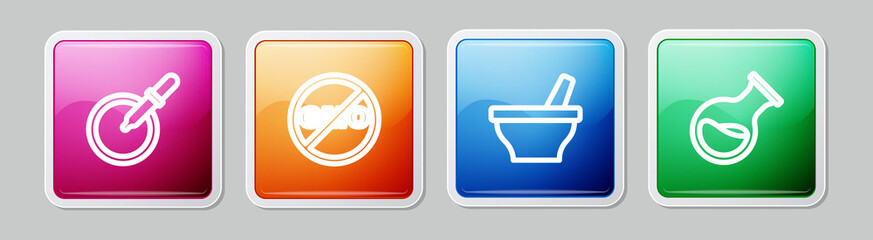 Set line Petri dish with pipette, No GMO, Mortar and pestle and Test tube flask. Colorful square button. Vector