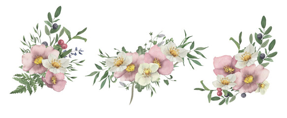 Fototapeta na wymiar Watercolor hand drawn bouquets of wildflowers and herbs.