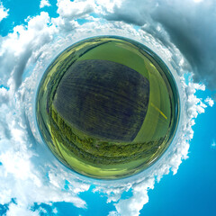 over the place where the large village Vorontsovskie Otruba was located (Tokarevsky district, Tambov region, center of Russia) aerial view on a sunny summer day