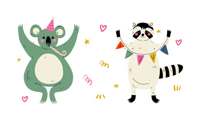 Cute Animal with Garland and Whistle Celebrating Birthday Party Vector Set