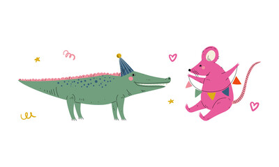 Cute Animal with Garland Celebrating Birthday Party Vector Set