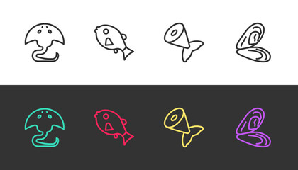 Set line Stingray, Tropical fish, Fish tail and Mussel on black and white. Vector