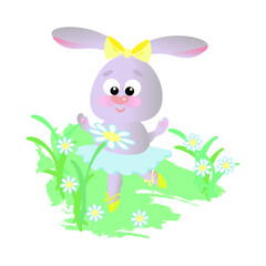 A cute little bunny in a ballerina's skirt is dancing in the meadow.