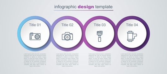 Set line Photo camera, , Action and Camera roll cartridge. Business infographic template. Vector