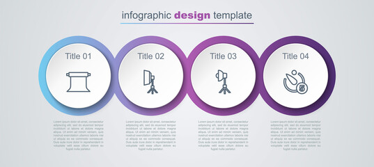 Set line Empty photo studio, Softbox light, and Camera timer. Business infographic template. Vector