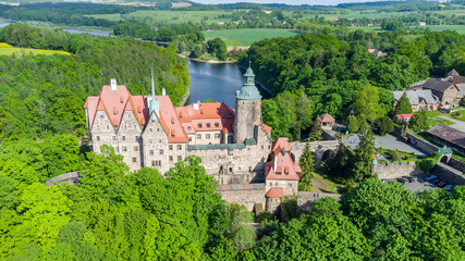 Aerial view of mysterious medieval Czocha Castle in Lower Silesian Voivodeship, in southwestern Poland. The castle is located on the Lake Leśnia, near the Kwisa river.
