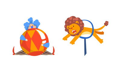 Traveling Chapiteau Circus with Clown and Lion Jumping Through Hula Hoop Performing Trick Vector Set