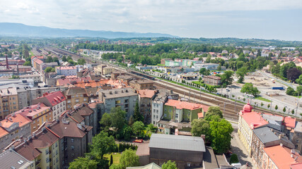 Fototapeta na wymiar Aerial view on city center of Cesky Tesin in Czech Republic. City view from bird sight. Cesky Tesin is located on the Polish-Czech border.