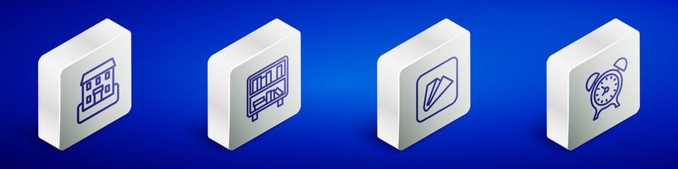 Set Isometric line School building, Shelf with books, Paper airplane and Alarm clock icon. Vector
