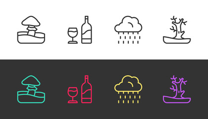 Set line Mushroom, Wine bottle with glass, Cloud rain and Bare tree on black and white. Vector