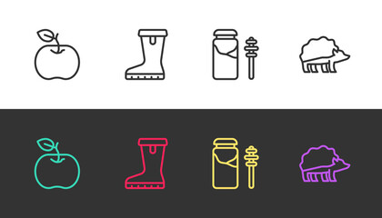 Set line Apple, Waterproof rubber boot, Jar honey and dipper stick and Hedgehog on black and white. Vector
