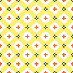 Seamless Aztec style geometrical pattern illustration with white, orange and navy blue colors on yellow background
