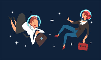 Business Woman Character with Briefcase in Suit and Astronaut Helmets Flying in Outer Space Among Stars Vector Set