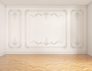 3D render of a classic interior  decorated in warm color with parquet. 3d illustration