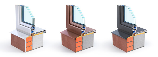 Set of windows on the piece of wall. See structure and layers. 3d illustration