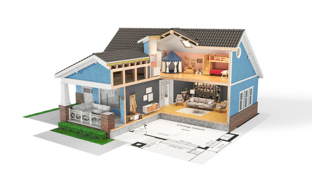 Sliced  house with furniture and blueprint on white background. 3d illustration