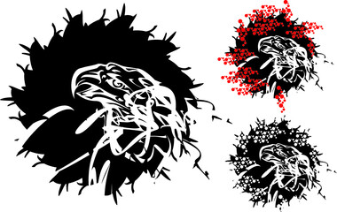 Eagle head splashes on a white background - three options. Eagle head in black and white and red tones for tattoos, emblems, engraving, embroidery, prints on T-shirts, textiles, logos, stikers, etc.