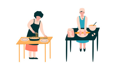 Chef Character in Apron and Toque Preparing Food at Restaurant Kitchen Vector Set