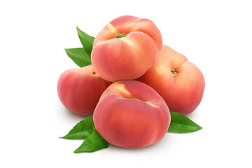 Ripe chinese flat peach fruit with leaf isolated on white background with clipping path and full depth of field